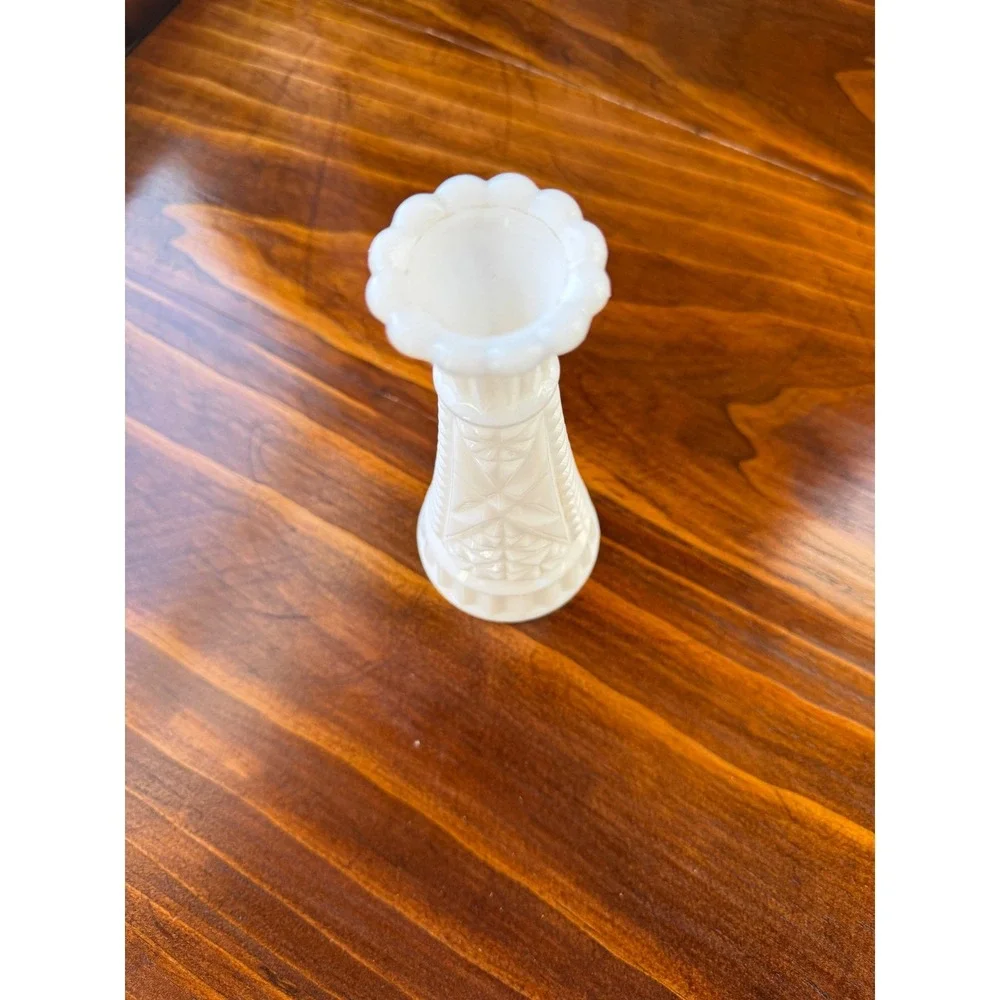 Vintage Milk Glass Bud Vase White Embossed Starburst Geometric Scalloped Rim